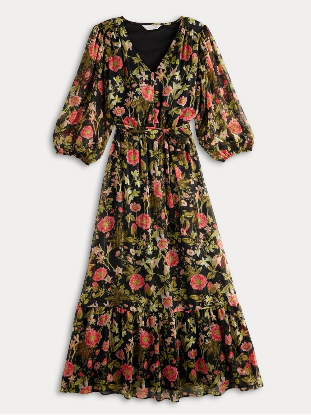 Lauren Conrad Floral V-Neck Maxi Dress balloon sleeve & metallic thread sz 0X